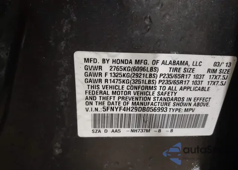 2013 Honda Pilot Lx из США, поврежденный, VIN 5FNYF4H29DB056993